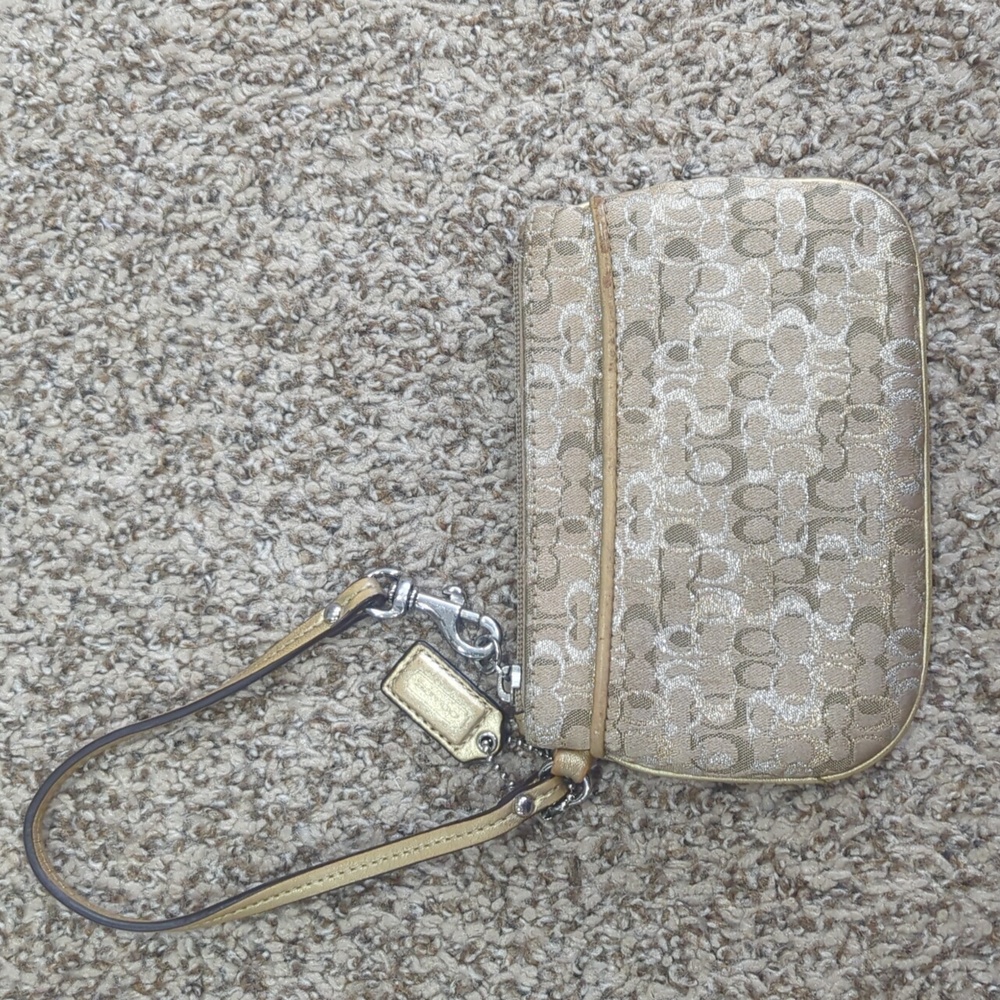 Coach metallic thread silver gold tan zippered wristlet signature C
